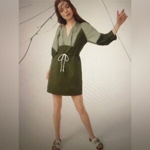 New FREE ASSEMBLY Femme Mini Utility Dress Olive Color-Block 3/4 Sleeve XS